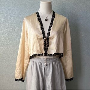 Y2K Style Satin Lace Trim Tie Front Crop Cardigan Coquette Balletcore Top M